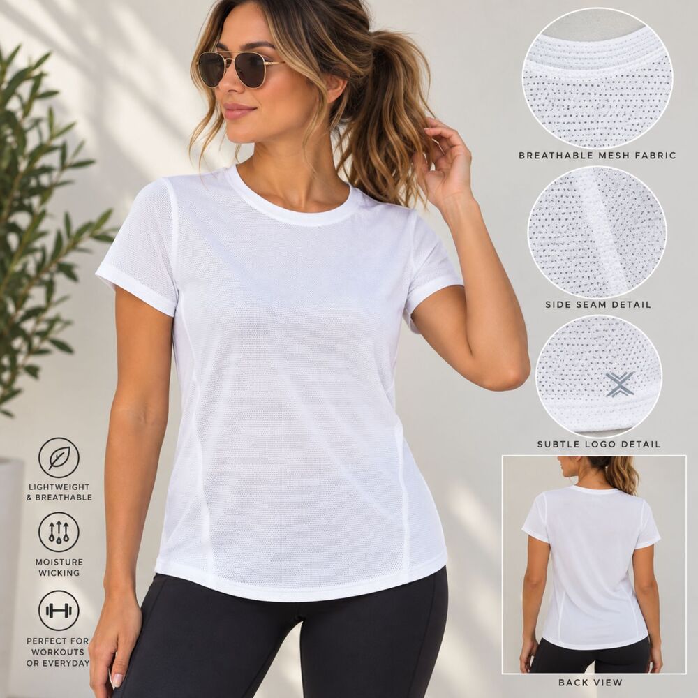 Xersion Womens L White Mesh Performance Tee Athletic Workout Quick Dry Stretch